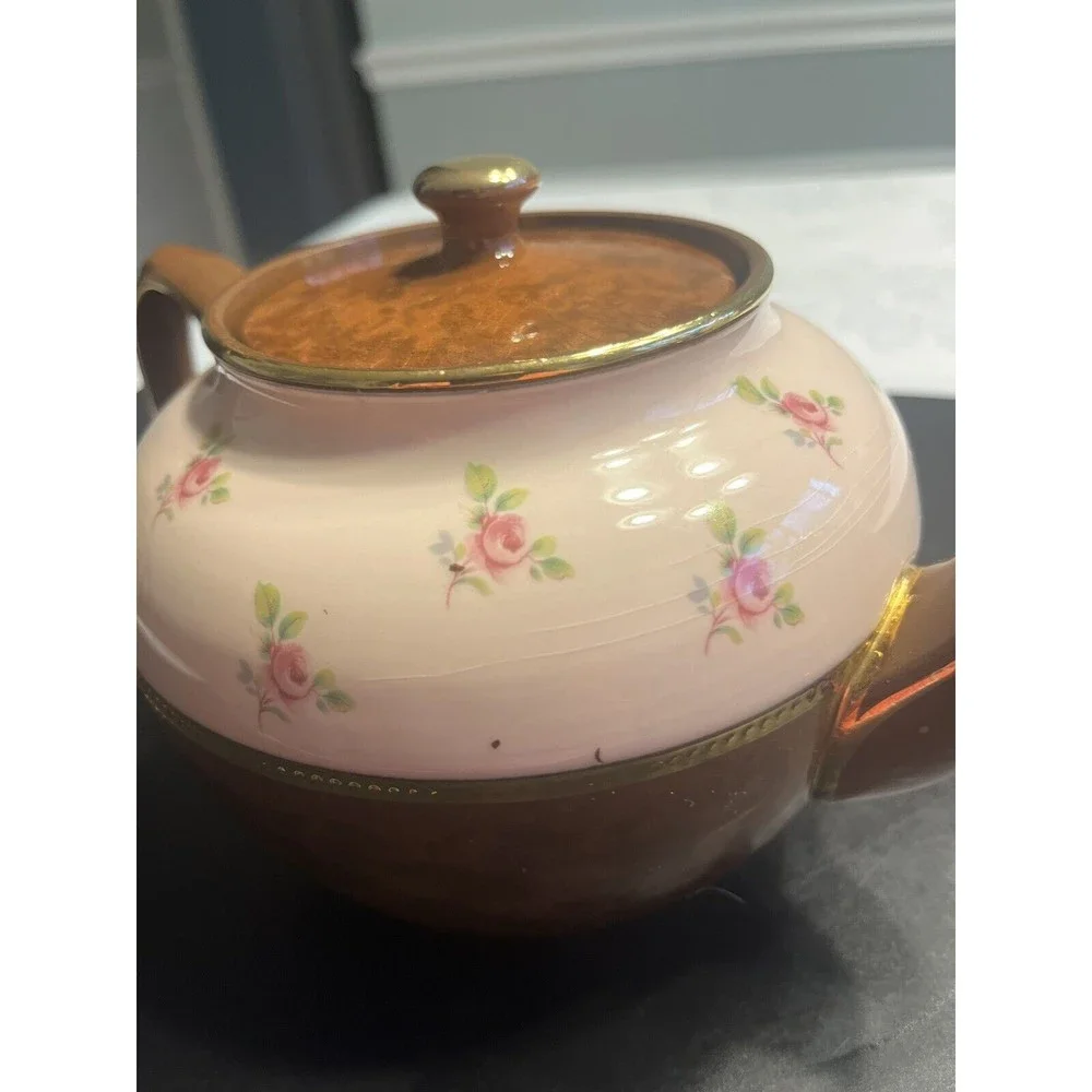 Vtg Sadler Teapot Roses Brown Pink & Gold Staffordshire England